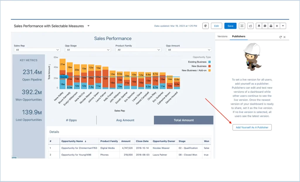 Version history view in CRM Analytics dashboard